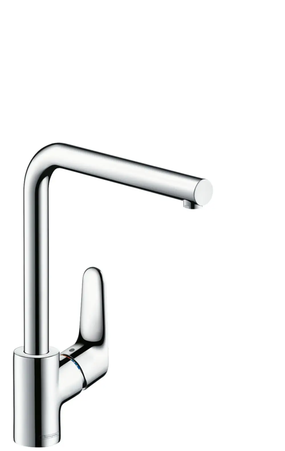 Einhebel-Küchenmischer in Chrom von Hansgrohe mit hohem Auslauf und seitlichem Griff zur einfachen Steuerung von Wasser und Temperatur.